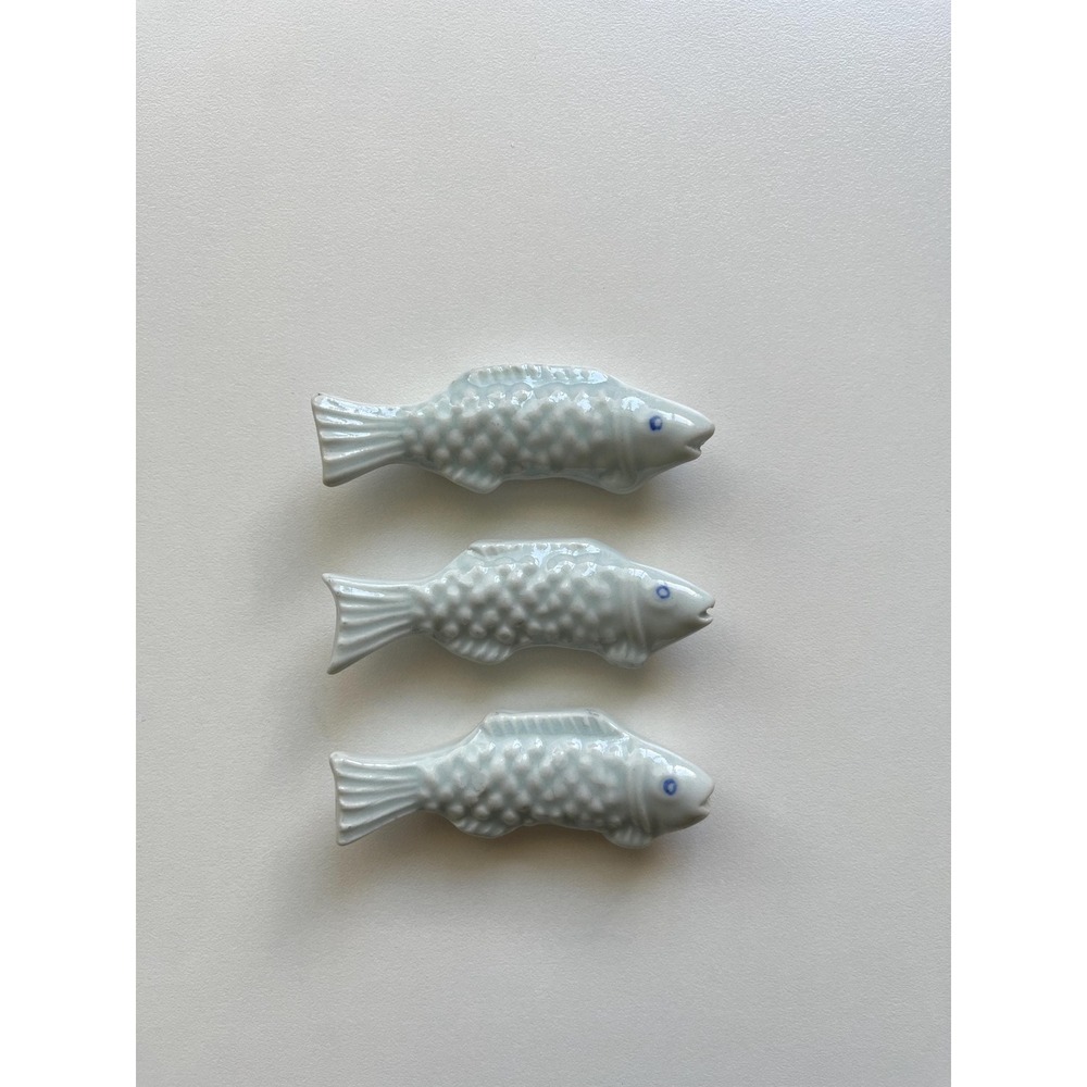 VTG 3 blue glazed ceramic fish chopstick/utensil rests Handmade artisan style
